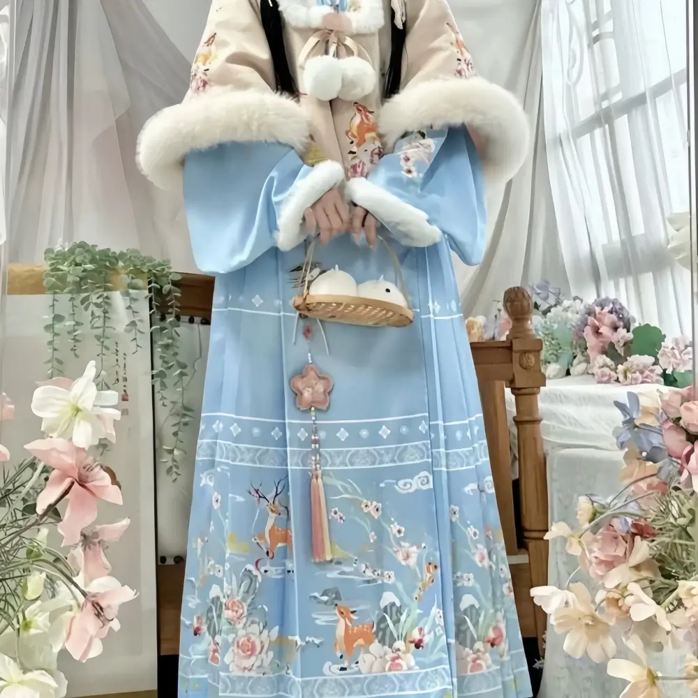 Blue horse-face skirt, student style, fleece-lined and thickened New Year's outfit 01