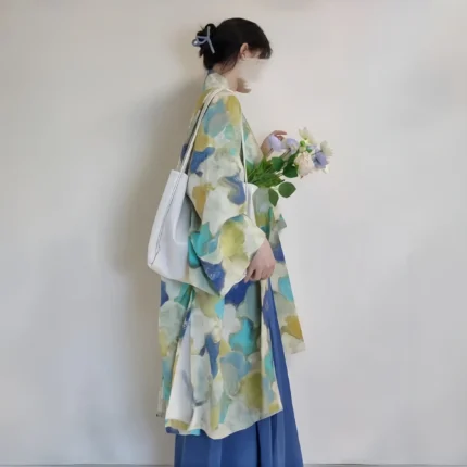 春秋复古国风汉服改良宽松大码女装印花对襟宽袖披肩长衫上衣