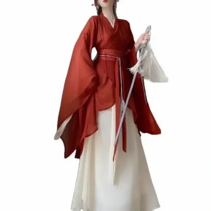 红色南北朝复原魏晋风汉服女大袖交领异形围裳裙